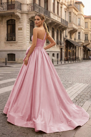 One Shoulder Satin A Line Prom Dress With Bow - KissProm
