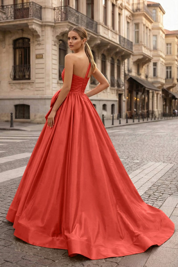 One Shoulder Satin A Line Prom Dress With Bow - KissProm