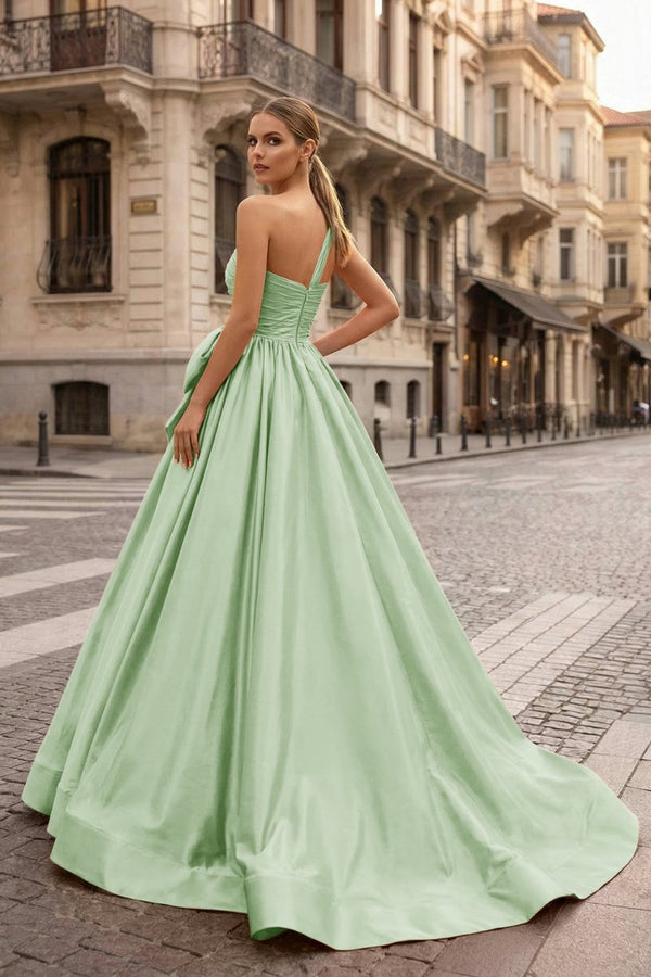 One Shoulder Satin A Line Prom Dress With Bow - KissProm