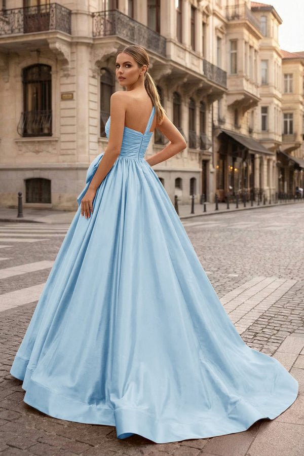 One Shoulder Satin A Line Prom Dress With Bow - KissProm