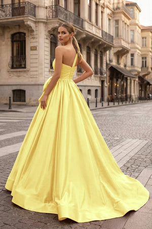 One Shoulder Satin A Line Prom Dress With Bow - KissProm