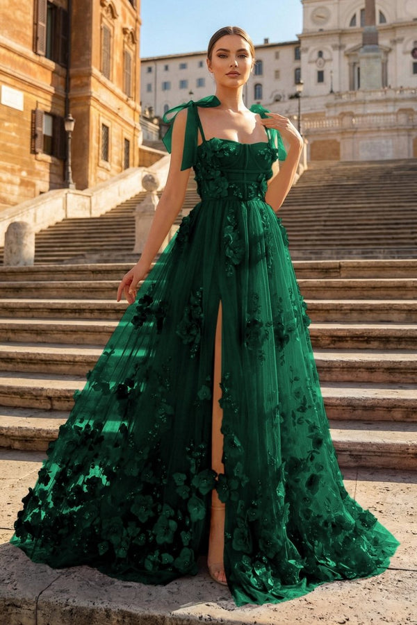 Scarlet Tulle A - line 3D Flower Long Prom Dress With Slit - KissProm