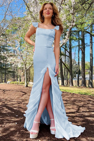 Ailani | Emerald Green Square Neck Ruffle Slit Prom Dress