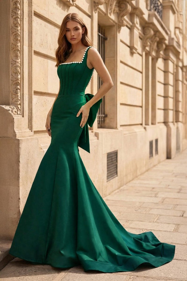 Black Square Neck Mermaid Satin Long Prom Dresses With Pearls – Prom Dress by KissProm | Available at KissProm