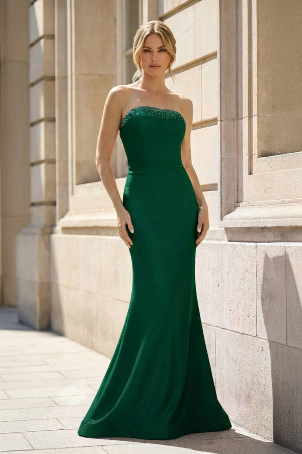 Fuchsia Strapless Mermaid Satin Long Prom Dresses With Beading - KissProm