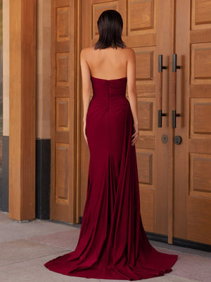 Burgundy-Mermaid Strapless Satin Long Prom Dresses With Split - KissProm