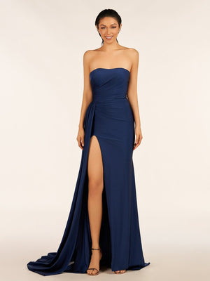 Navy Blue-Mermaid Strapless Satin Long Prom Dresses With Split - KissProm