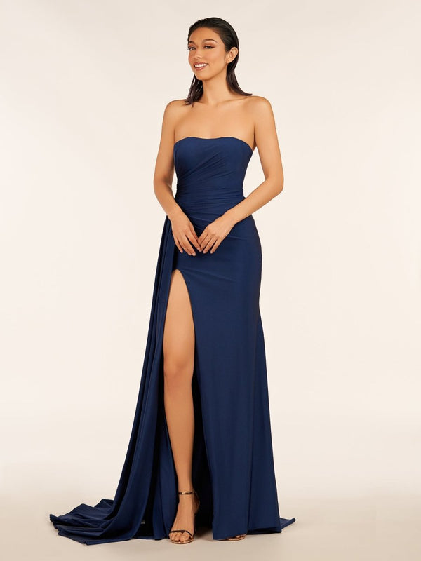 Navy Blue-Mermaid Strapless Satin Long Prom Dresses With Split - KissProm