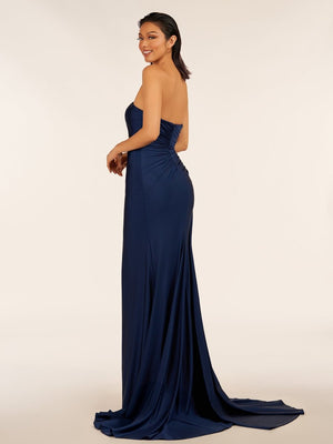 Navy Blue-Mermaid Strapless Satin Long Prom Dresses With Split - KissProm
