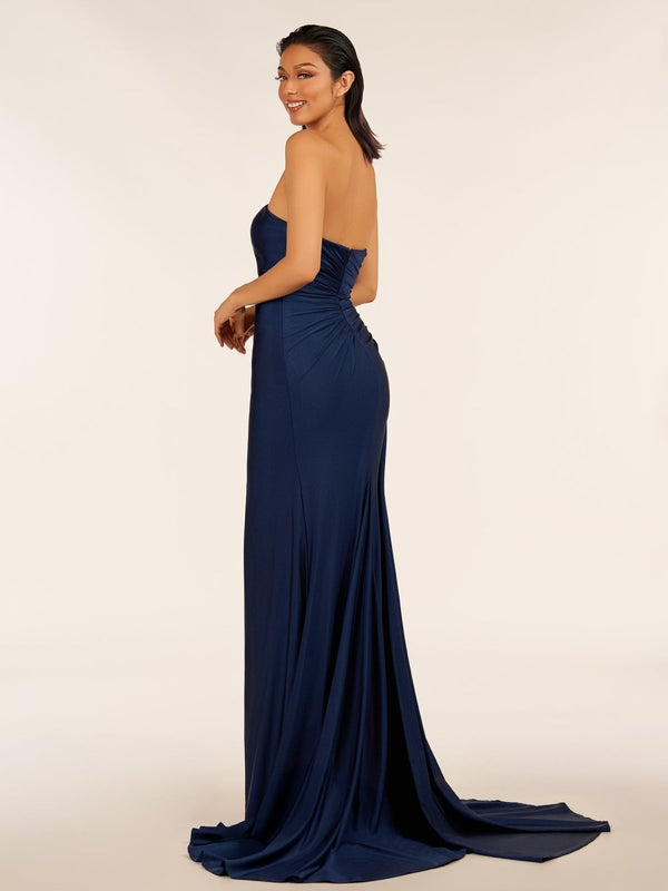 Navy Blue-Mermaid Strapless Satin Long Prom Dresses With Split - KissProm