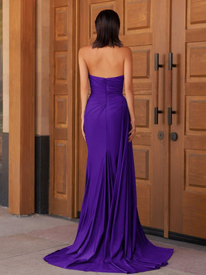 Purple-Mermaid Strapless Satin Long Prom Dresses With Split - KissProm