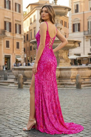 Sparkly Fuchsia Mermaid Sequins Long Prom Dress with Slit - KissProm