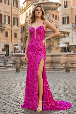 Sparkly Fuchsia Mermaid Sequins Long Prom Dress with Slit - KissProm