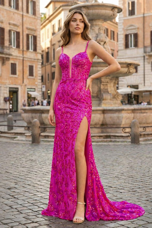 Sparkly Fuchsia Mermaid Sequins Long Prom Dress with Slit - KissProm