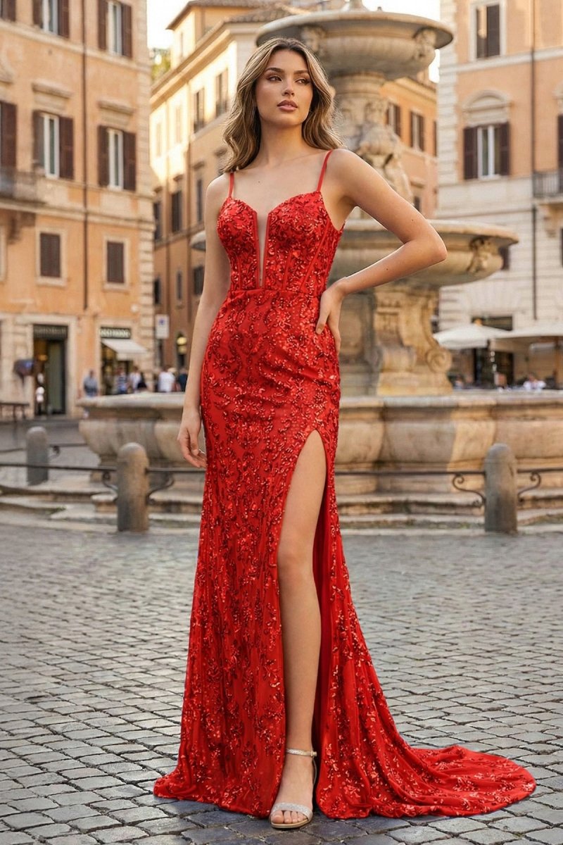 Sparkly Red Mermaid Sequins Long Prom Dress with Slit - KissProm