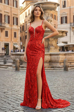 Sparkly Red Mermaid Sequins Long Prom Dress with Slit - KissProm