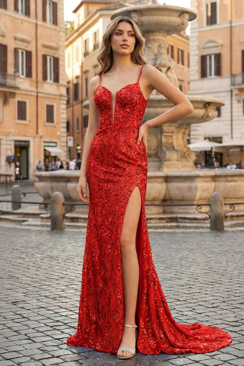 Sparkly Red Mermaid Sequins Long Prom Dress with Slit - KissProm