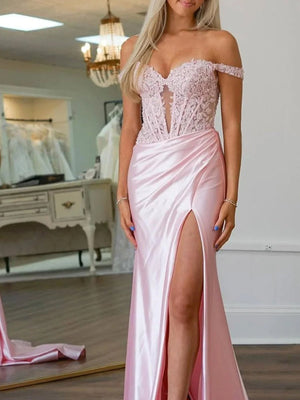 Mermaid Off The Shoulder Pink Satin Long Prom Dresses With Split – Prom Dresses by KissProm | Available at KissProm