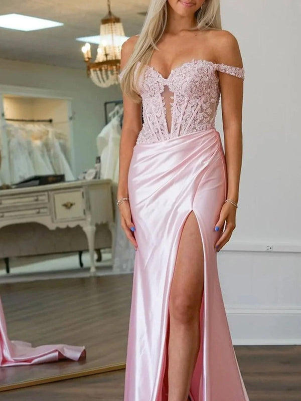 Mermaid Off The Shoulder Pink Satin Long Prom Dresses With Split – Prom Dresses by KissProm | Available at KissProm