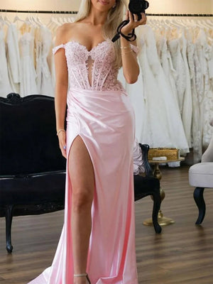 Mermaid Off The Shoulder Pink Satin Long Prom Dresses With Split – Prom Dresses by KissProm | Available at KissProm