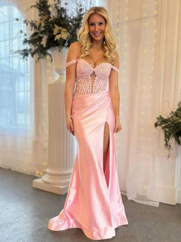 Mermaid Off The Shoulder Pink Satin Long Prom Dresses With Split – Prom Dresses by KissProm | Available at KissProm