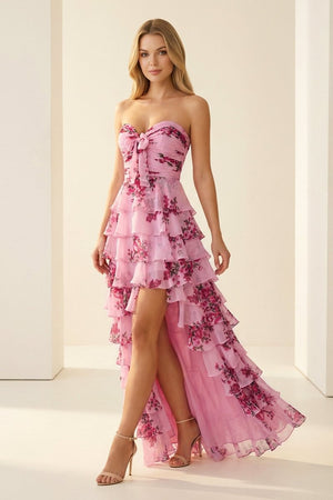 Hot Pink A Line Sweetheart Floral Chiffon Ruffled Long Prom Dresses With Slit – Prom Dress by KissProm | Available at KissProm