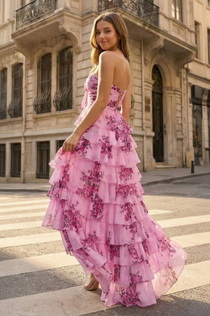 Hot Pink A Line Sweetheart Floral Chiffon Ruffled Long Prom Dresses With Slit – Prom Dress by KissProm | Available at KissProm