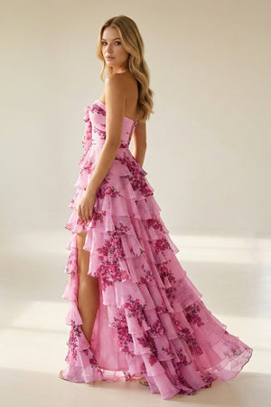 Hot Pink A Line Sweetheart Floral Chiffon Ruffled Long Prom Dresses With Slit – Prom Dress by KissProm | Available at KissProm