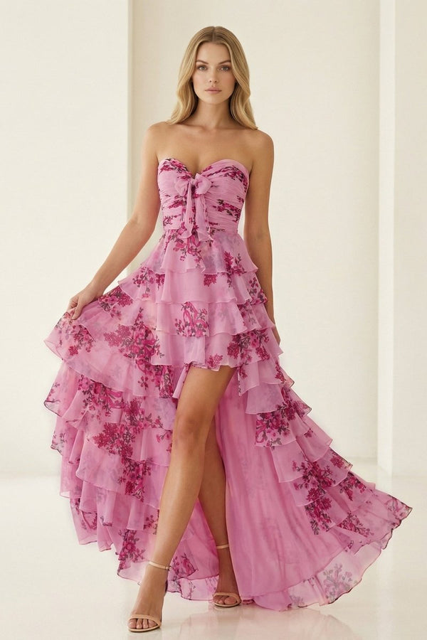Hot Pink A Line Sweetheart Floral Chiffon Ruffled Long Prom Dresses With Slit – Prom Dress by KissProm | Available at KissProm