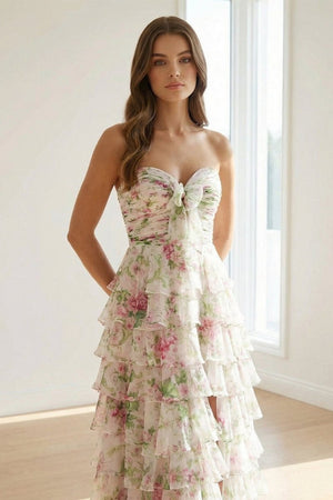 Hot Pink A Line Sweetheart Floral Chiffon Ruffled Long Prom Dresses With Slit – Prom Dress by KissProm | Available at KissProm