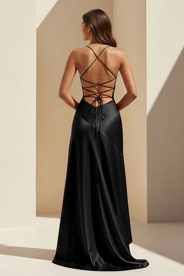 Black - Spaghetti Straps Sheath Satin High Low Prom Dresses With Ruffles – Prom Dress by KissProm | Available at KissProm