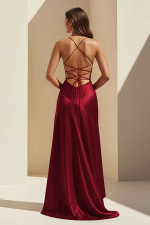 Burgundy - Spaghetti Straps Sheath Satin High Low Prom Dresses With Ruffles – Prom Dress by KissProm | Available at KissProm