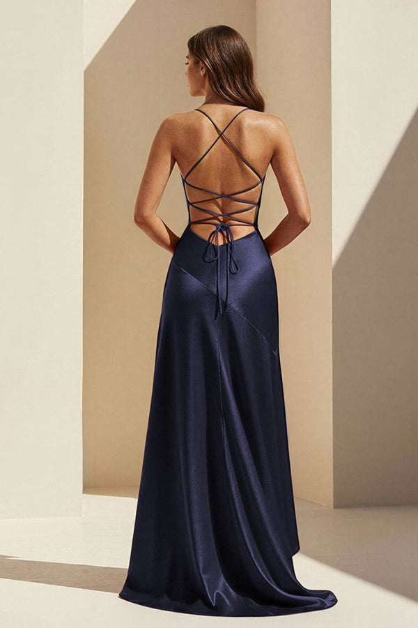 Navy Blue - Spaghetti Straps Sheath Satin High Low Prom Dresses With Ruffles – Prom Dress by KissProm | Available at KissProm