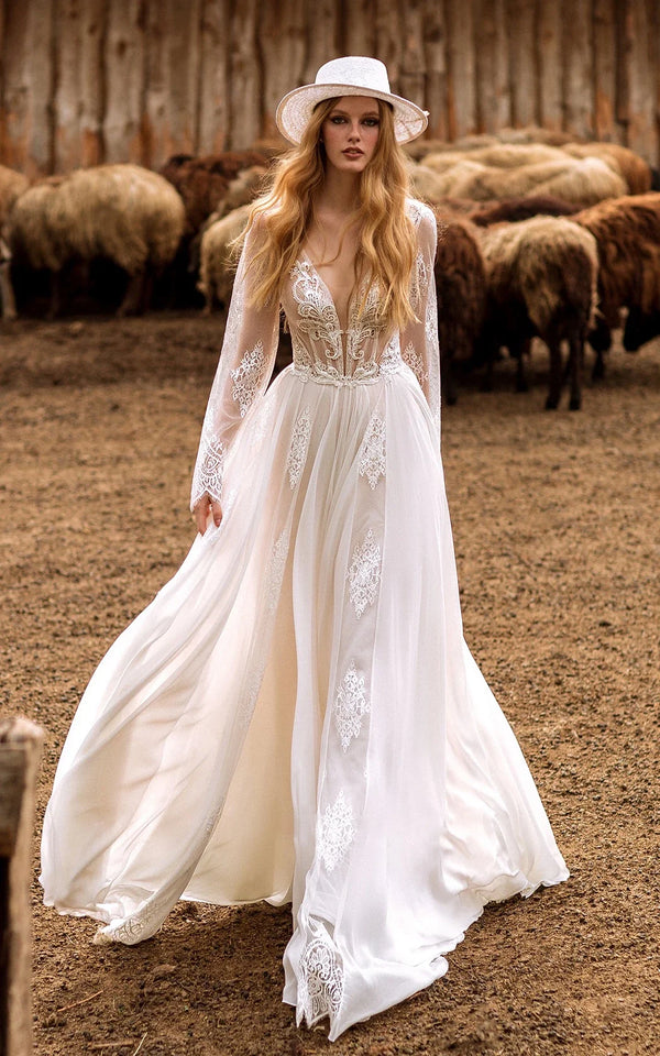 A-Line Boho Lace Wedding Dress with Sleeves Plunging Neckline Sweep Train – Wedding Dresses by Kissprom | Available at KissProm