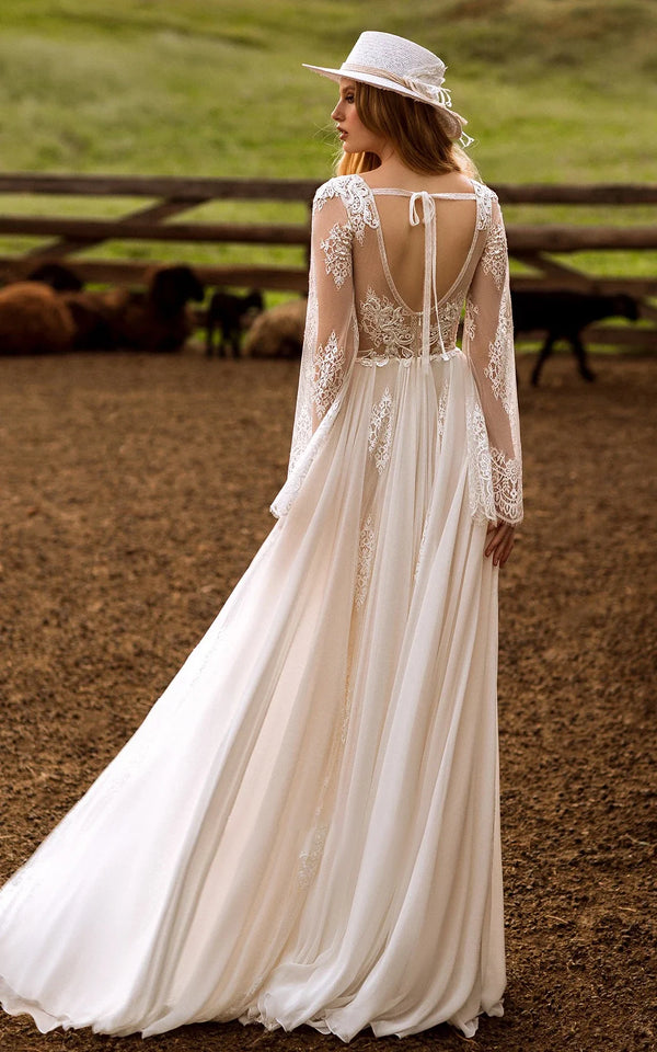 A-Line Boho Lace Wedding Dress with Sleeves Plunging Neckline Sweep Train – Wedding Dresses by Kissprom | Available at KissProm