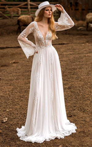 A-Line Boho Lace Wedding Dress with Sleeves Plunging Neckline Sweep Train – Wedding Dresses by Kissprom | Available at KissProm