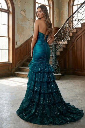 Red Strapless Sweetheart Mermaid Pleated Layered Long Prom Dress With Slit – Prom Dresses by KissProm | Available at KissProm