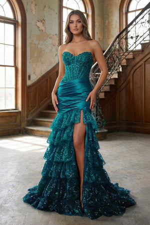 Red Strapless Sweetheart Mermaid Pleated Layered Long Prom Dress With Slit – Prom Dresses by KissProm | Available at KissProm