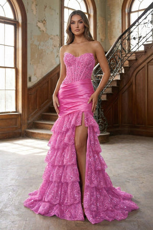 Red Strapless Sweetheart Mermaid Pleated Layered Long Prom Dress With Slit – Prom Dresses by KissProm | Available at KissProm