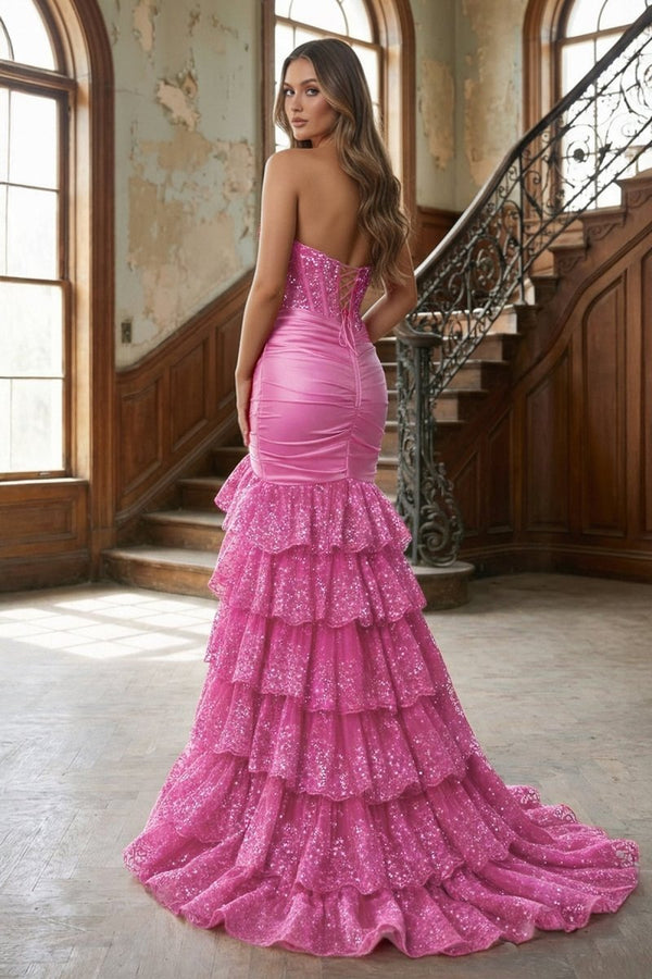 Red Strapless Sweetheart Mermaid Pleated Layered Long Prom Dress With Slit – Prom Dresses by KissProm | Available at KissProm