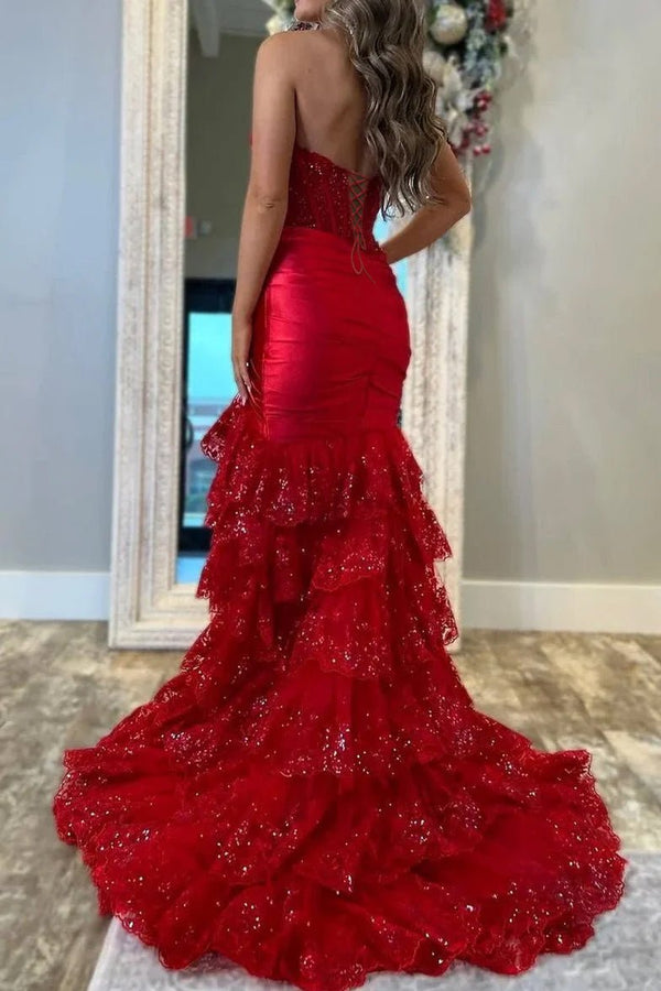 Red Strapless Sweetheart Mermaid Pleated Layered Long Prom Dress With Slit – Prom Dresses by KissProm | Available at KissProm
