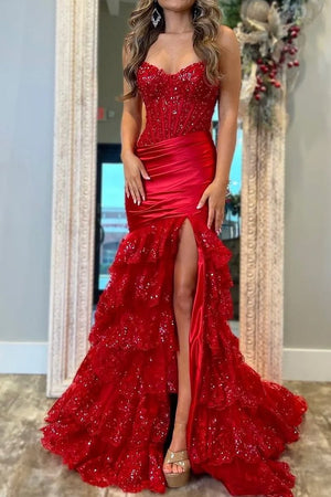 Red Strapless Sweetheart Mermaid Pleated Layered Long Prom Dress With Slit – Prom Dresses by KissProm | Available at KissProm