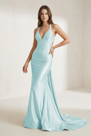 Pink Halter Satin Mermaid Open Back Long Formal Prom Dresses – Prom Dress by KissProm | Available at KissProm