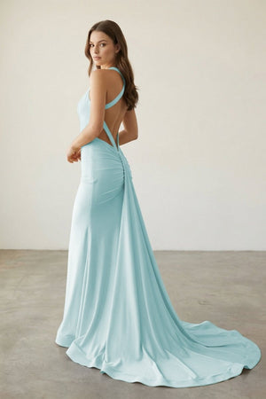Pink Halter Satin Mermaid Open Back Long Formal Prom Dresses – Prom Dress by KissProm | Available at KissProm