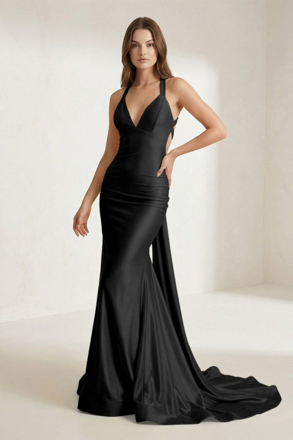 Pink Halter Satin Mermaid Open Back Long Formal Prom Dresses – Prom Dress by KissProm | Available at KissProm