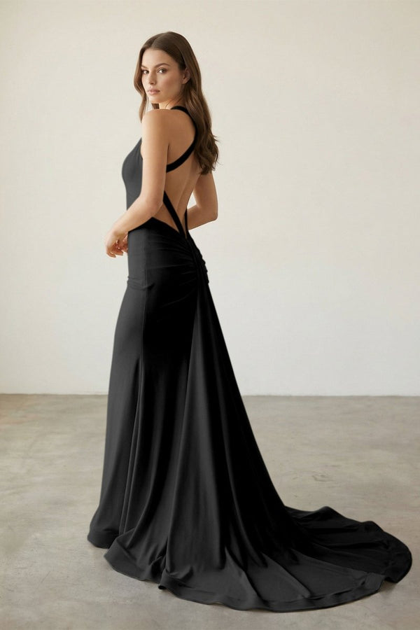 Pink Halter Satin Mermaid Open Back Long Formal Prom Dresses – Prom Dress by KissProm | Available at KissProm