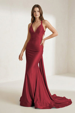 Pink Halter Satin Mermaid Open Back Long Formal Prom Dresses – Prom Dress by KissProm | Available at KissProm