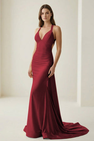 Pink Halter Satin Mermaid Open Back Long Formal Prom Dresses – Prom Dress by KissProm | Available at KissProm