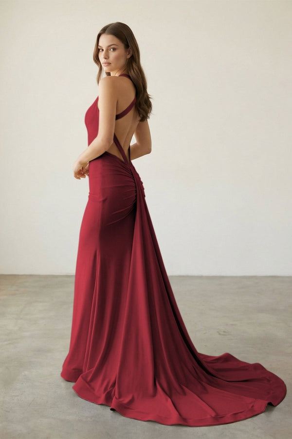 Pink Halter Satin Mermaid Open Back Long Formal Prom Dresses – Prom Dress by KissProm | Available at KissProm