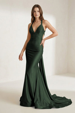 Pink Halter Satin Mermaid Open Back Long Formal Prom Dresses – Prom Dress by KissProm | Available at KissProm
